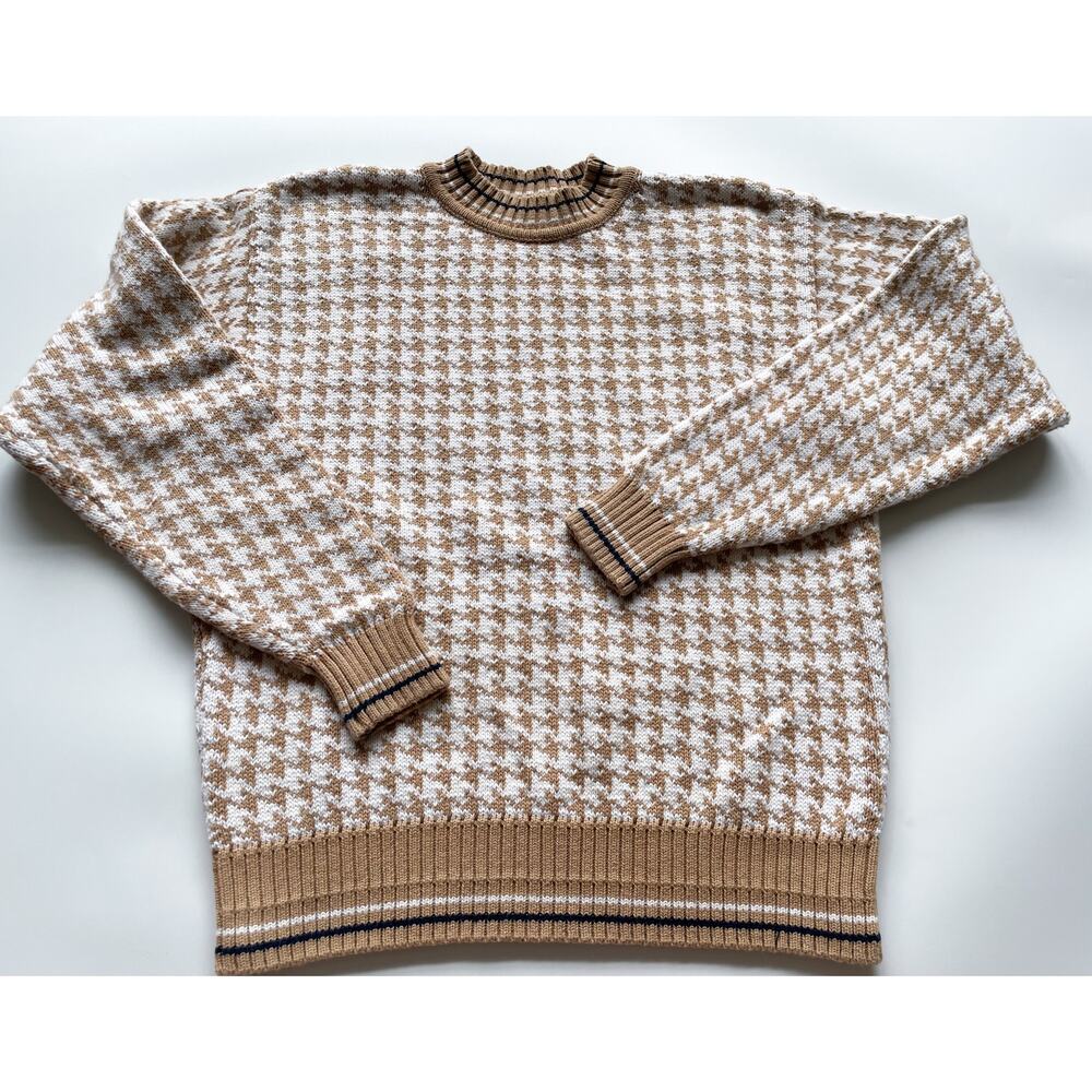 Vintage Liz Sport Biege and White Houndstooth Cotton Mock Neck Sweater Size M